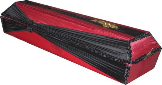 Гроб модель 02 обшитый красной и чёрной тканью